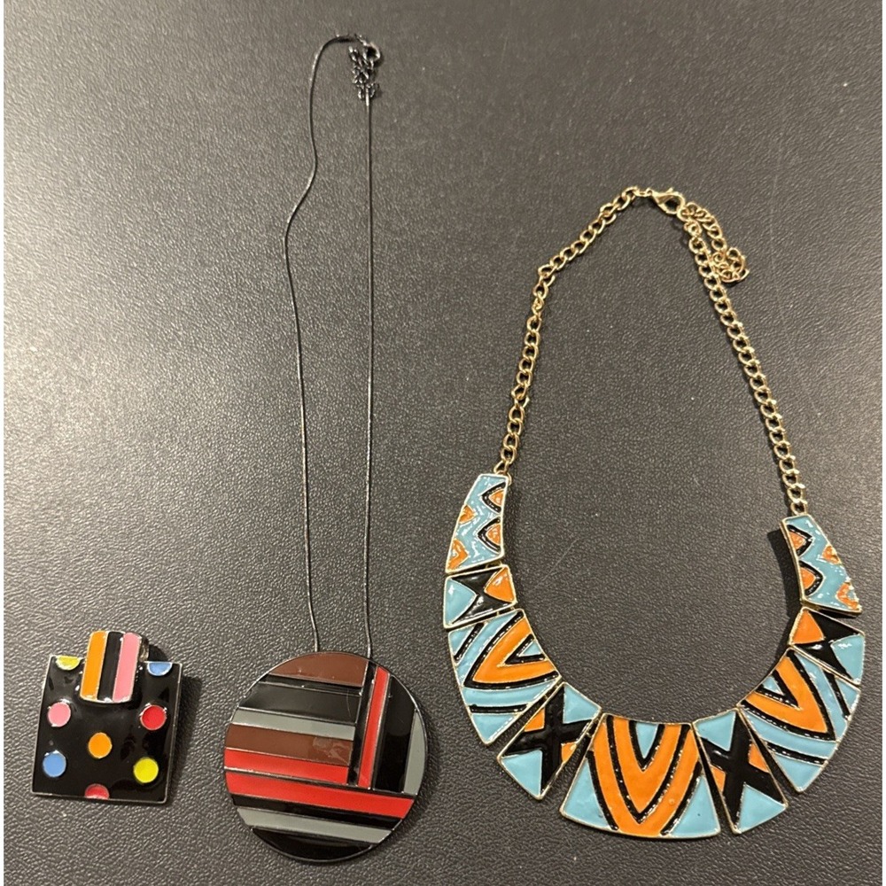 Retro Funky Lot Of 3 Colorful Enamel‎ Necklace Pendants Going Out Fun